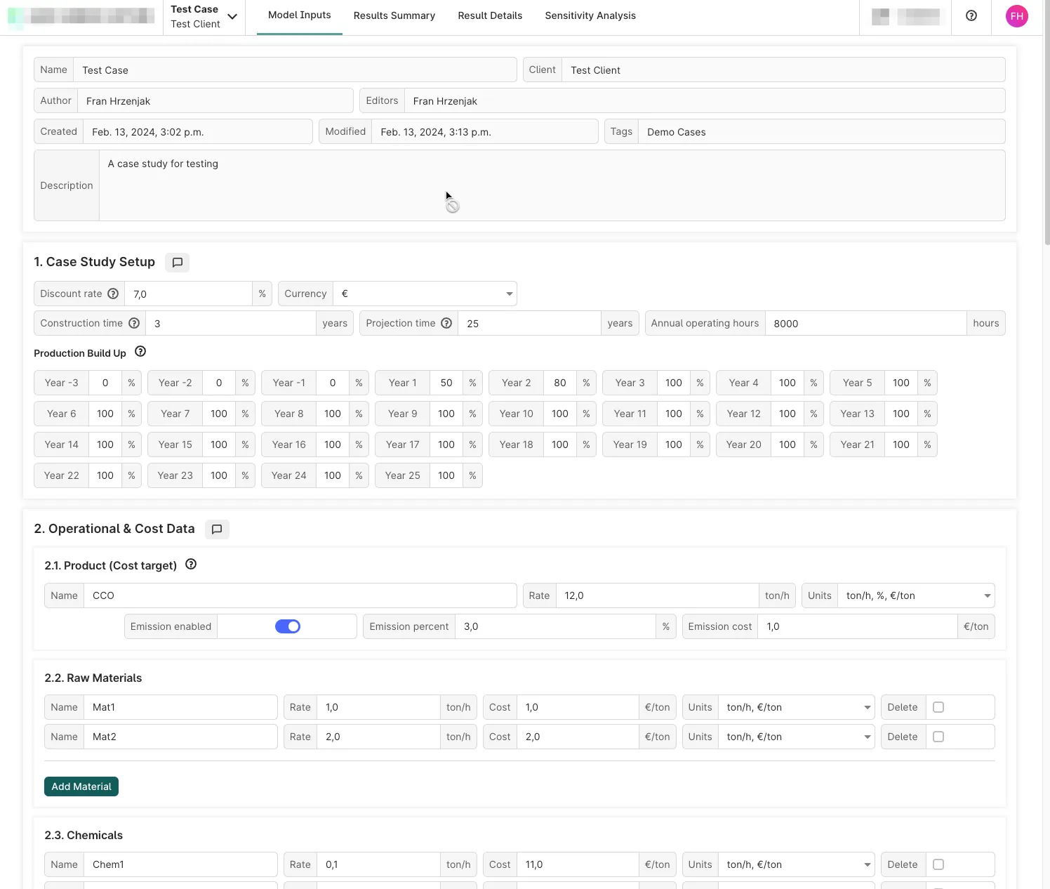 Inputs for the model (mock data)