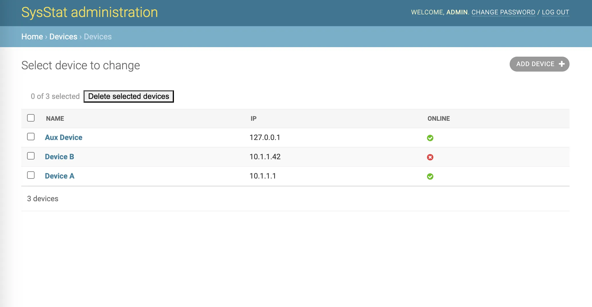 Device status in admin, reflects the physical LEDs