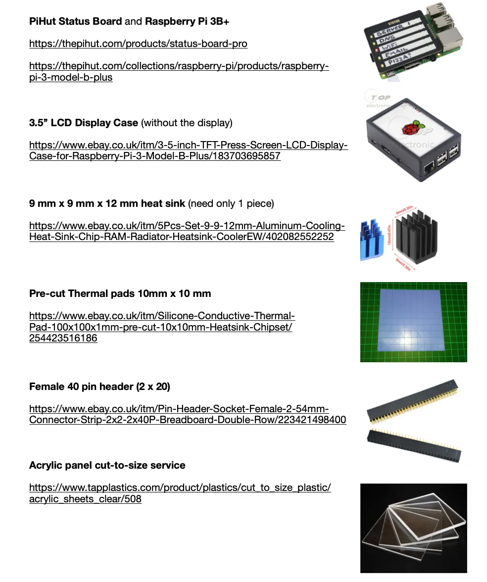 Final “BOM”, off the shelf parts that fit together for easy assembling